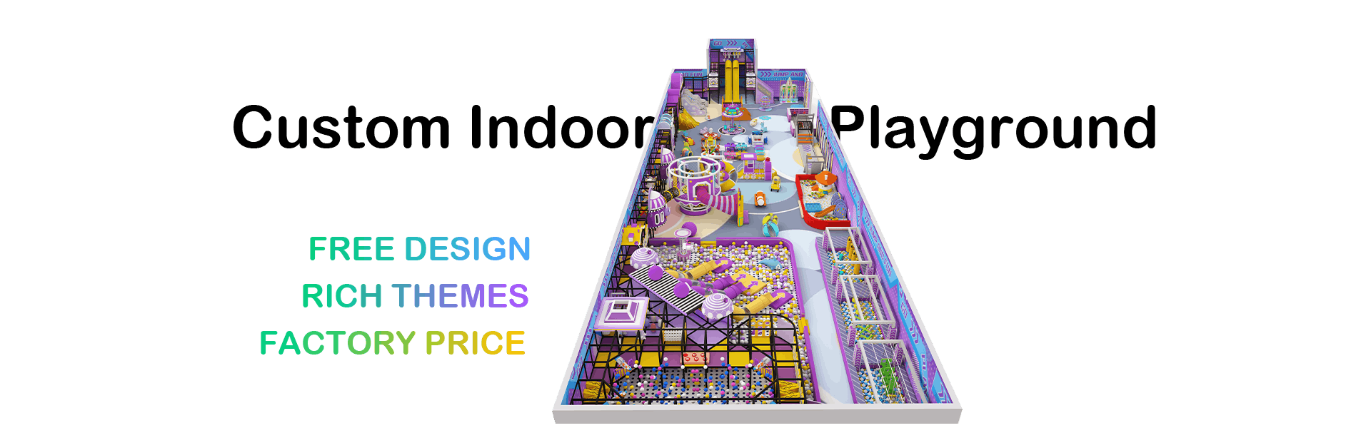 3D design rendering of custom indoor playground equipment showing a large commercial indoor playground layout with factory price, rich themes, and free design service