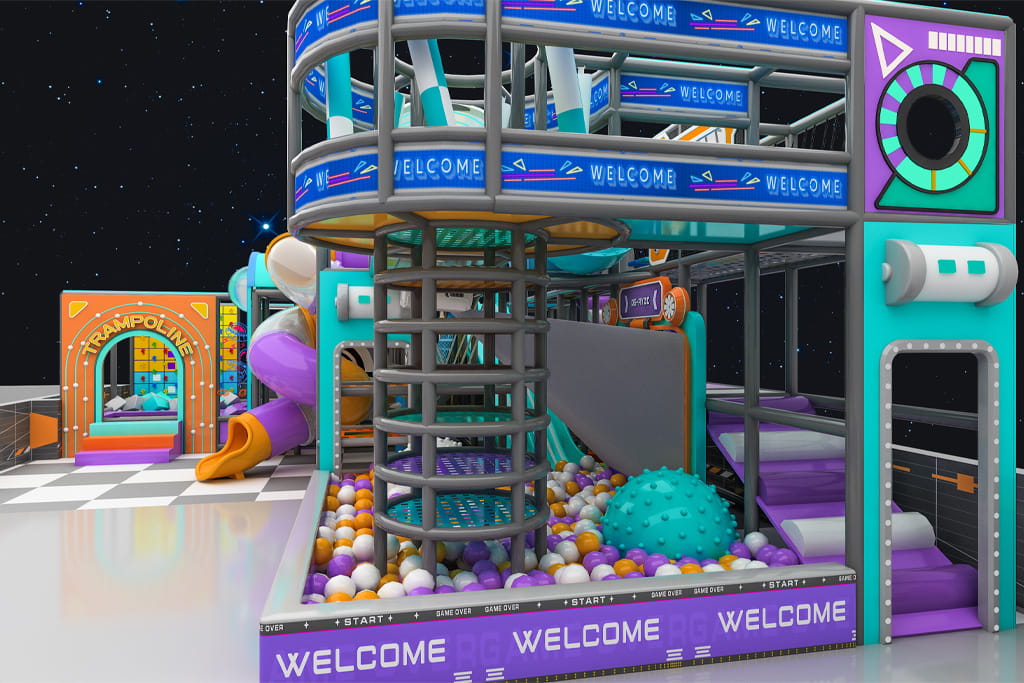 3D design rendering of a custom indoor playground created for a client in Jordan, showing the planned layout and play structures