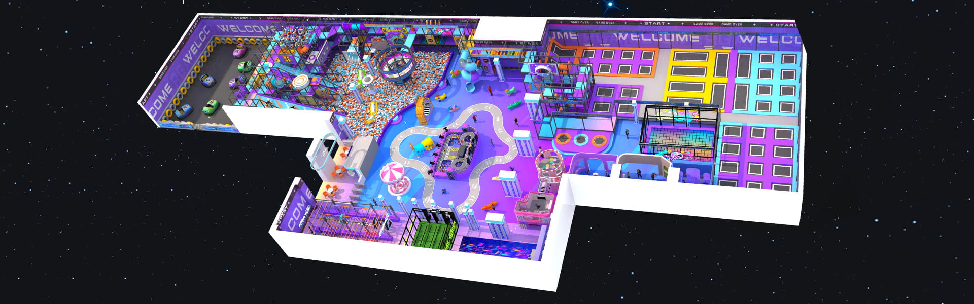 3D design rendering of a custom indoor playground project created for a client in Uzbekistan, showing the layout and play structures before production