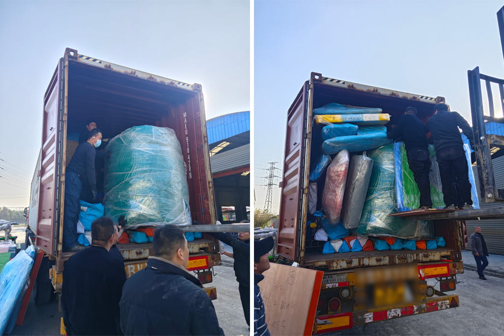 Workers loading indoor playground equipment into a shipping container for international transportation.