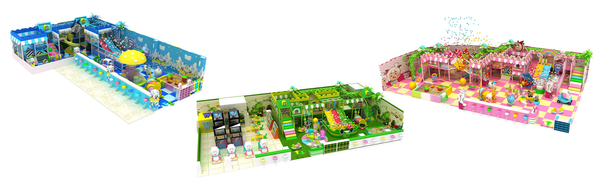 Various cartoon themed indoor playground 3D design renderings, ocean style, cute cartoon town and forest nature theme soft play park overall layout