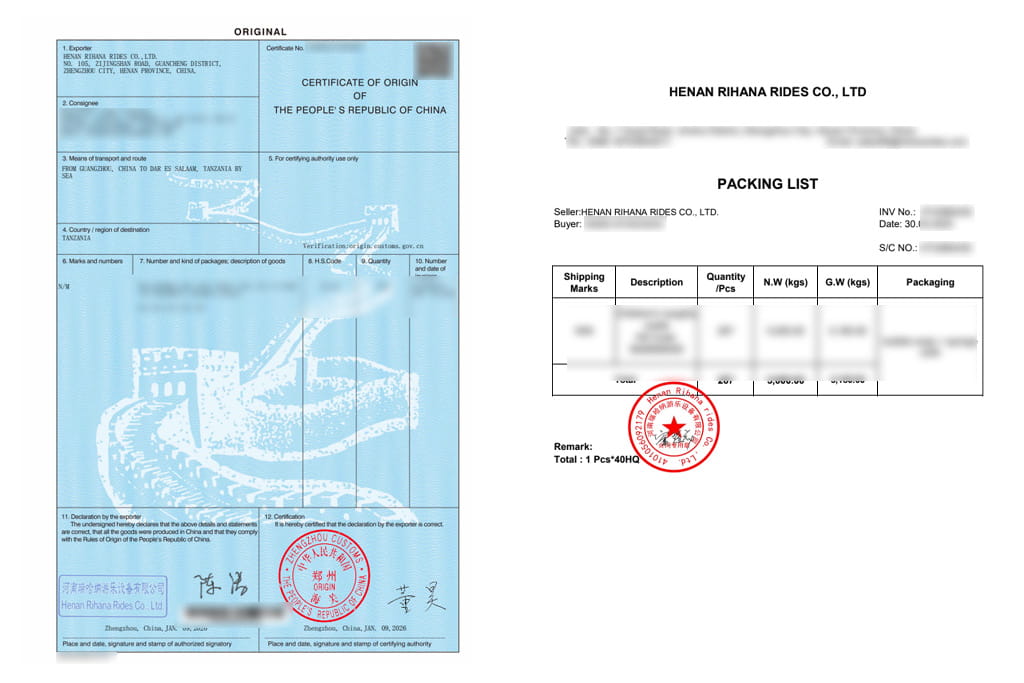 Shipping documents for indoor playground equipment including certificate of origin and packing list used for international logistics.