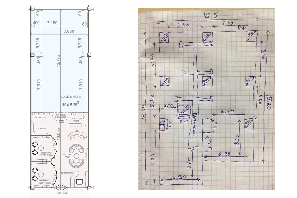 venue size drawings provided by clients for indoor playground design, including a digital floor plan and a hand-drawn layout sketch
