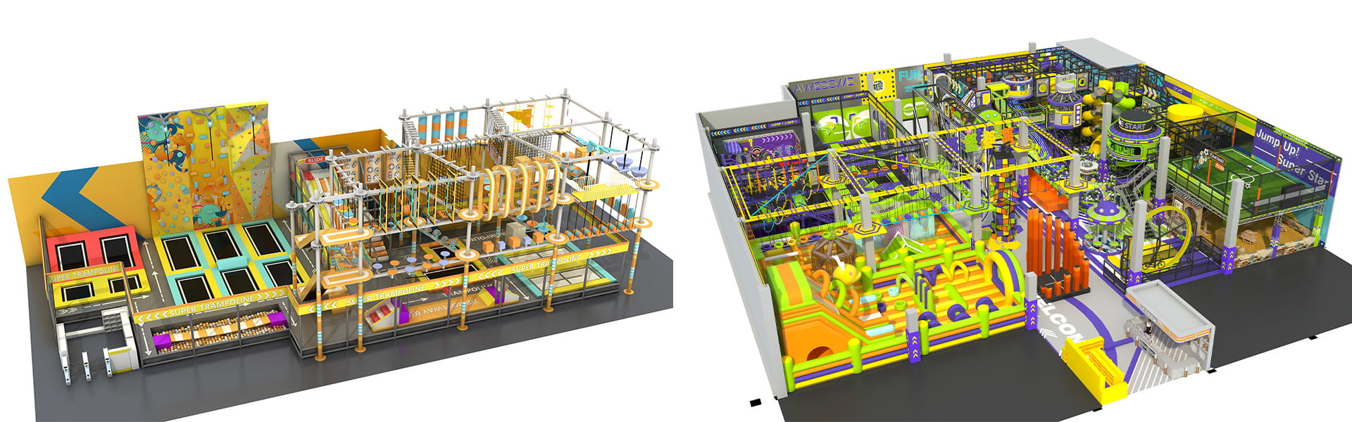 Trendy industrial style commercial indoor playground, aerial obstacle course, trampoline park and sports amusement play zone 3D design
