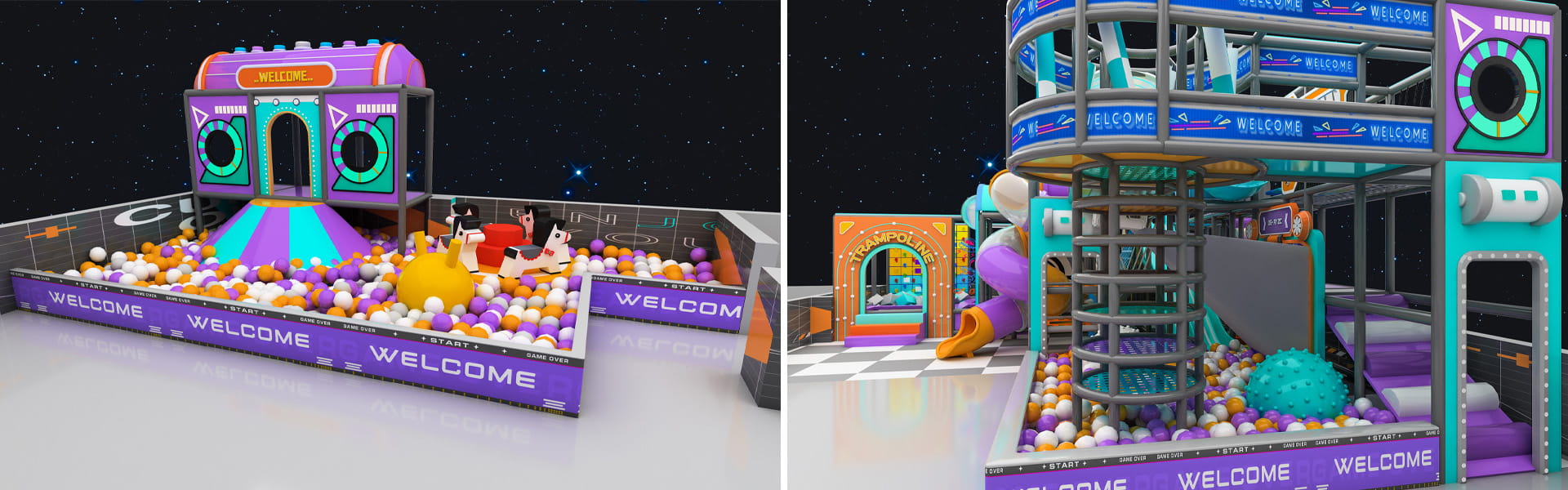 Space themed small indoor playground details for Jordan client, soft ball pit, multi-level maze structure and enclosed tube slides for commercial kids soft play park