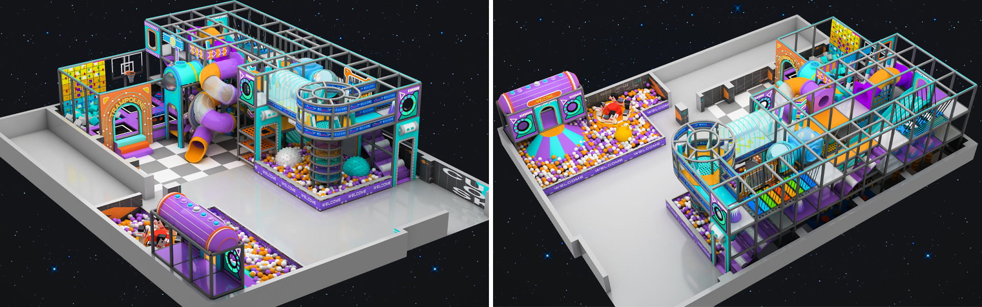 Full 3D layout overview of 140 sqm customized small-scale indoor playground project for Jordan client, compact commercial soft play park overall design plan