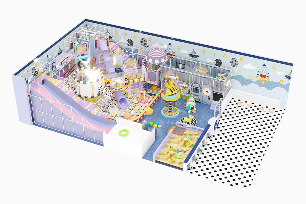 Commercial grade classic kids indoor soft playground equipment with space theme, multi-zone play structure including slides, ball pool, sand area and interactive games for children aged 3-12
