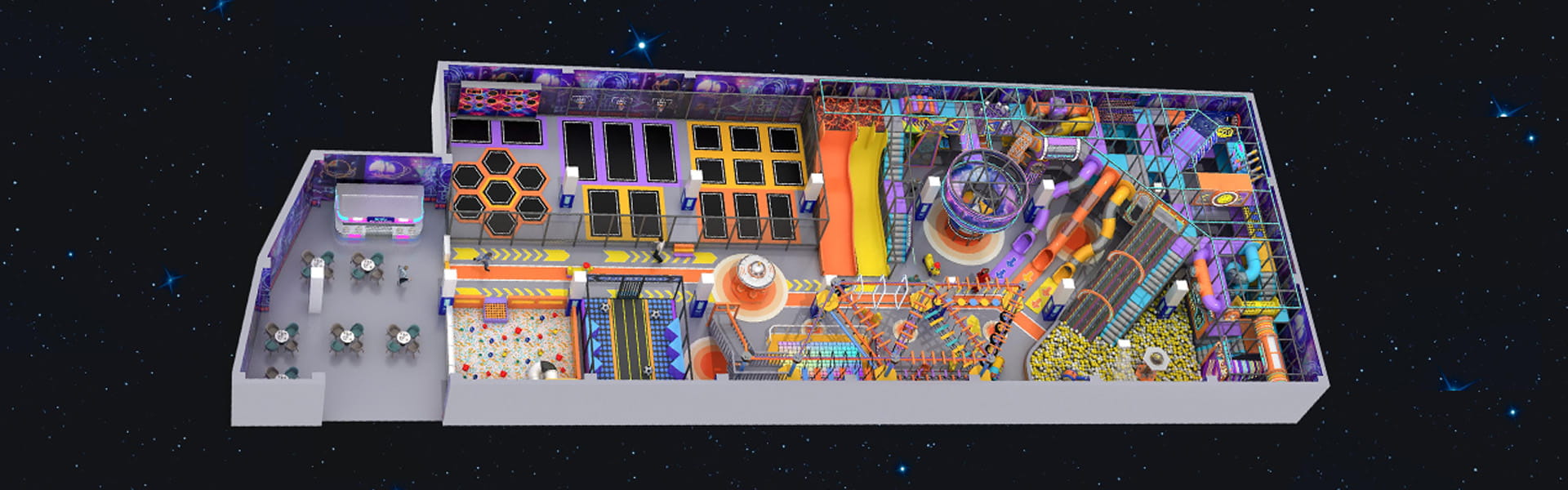 3D design overview of 1000 sqm customized space theme indoor playground project for Malaysia client, full layout plan of large commercial indoor soft play equipment