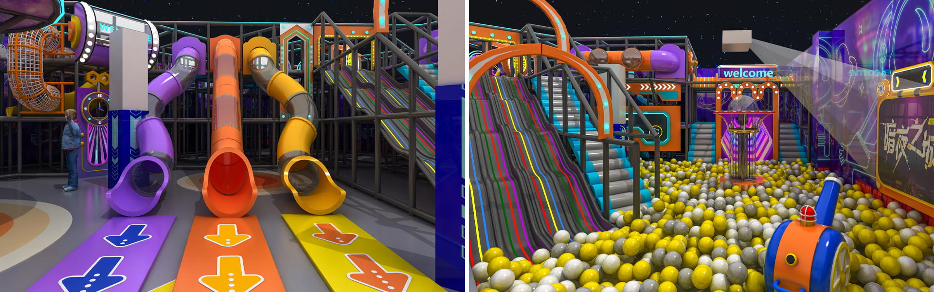 Space themed indoor playground main structure, rainbow speed slides and multi-level maze play structure for large commercial kids play center