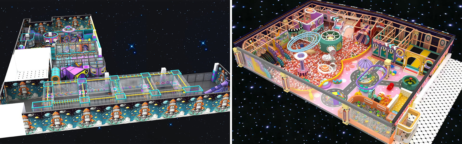 Rocket space theme and macaron dream princess themed indoor playground customized 3D layout design for kids soft play center