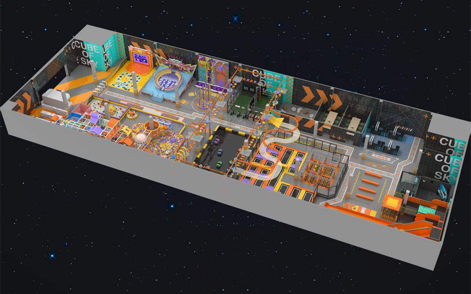 1000sqm Custom Indoor Playground Center With Trampolines & Adventure Areas For Russia Client 3D Rendering