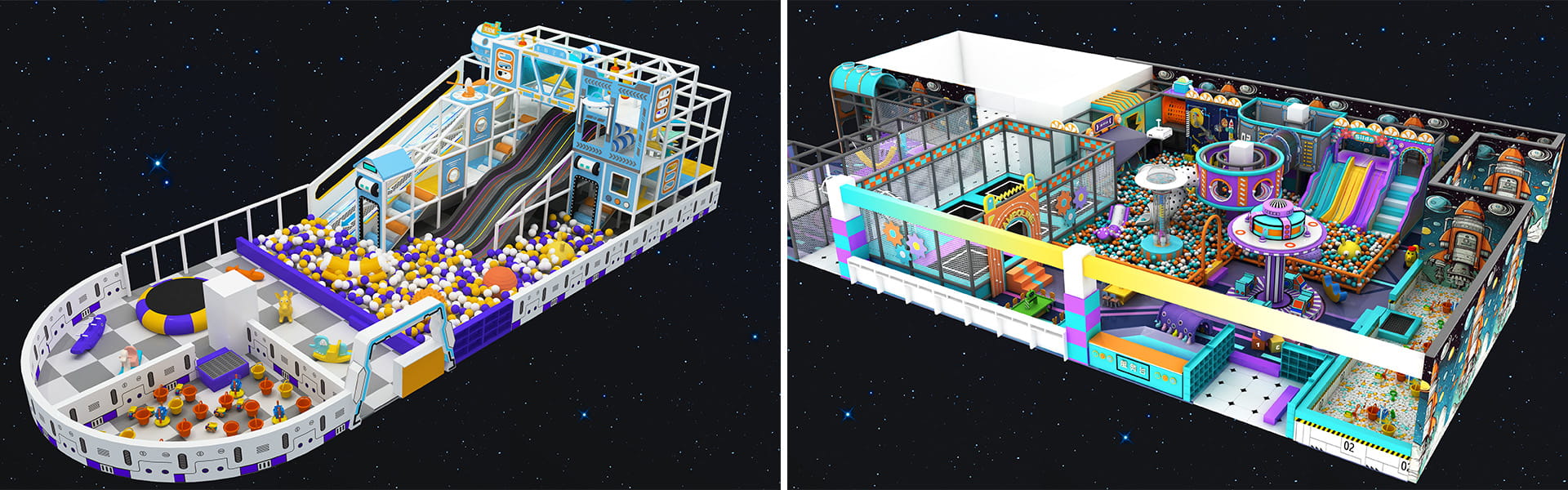 Future space technology themed large indoor playground, multi-lane speed slides, giant ocean ball pit and multi-level adventure maze design
