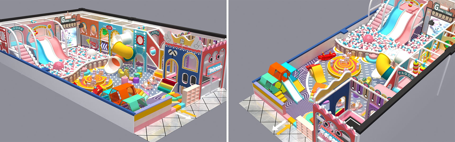 Macaron colorful small indoor playground details for Tanzania client, soft slides, enclosed tube slides and ocean ball pit for compact kids soft play park