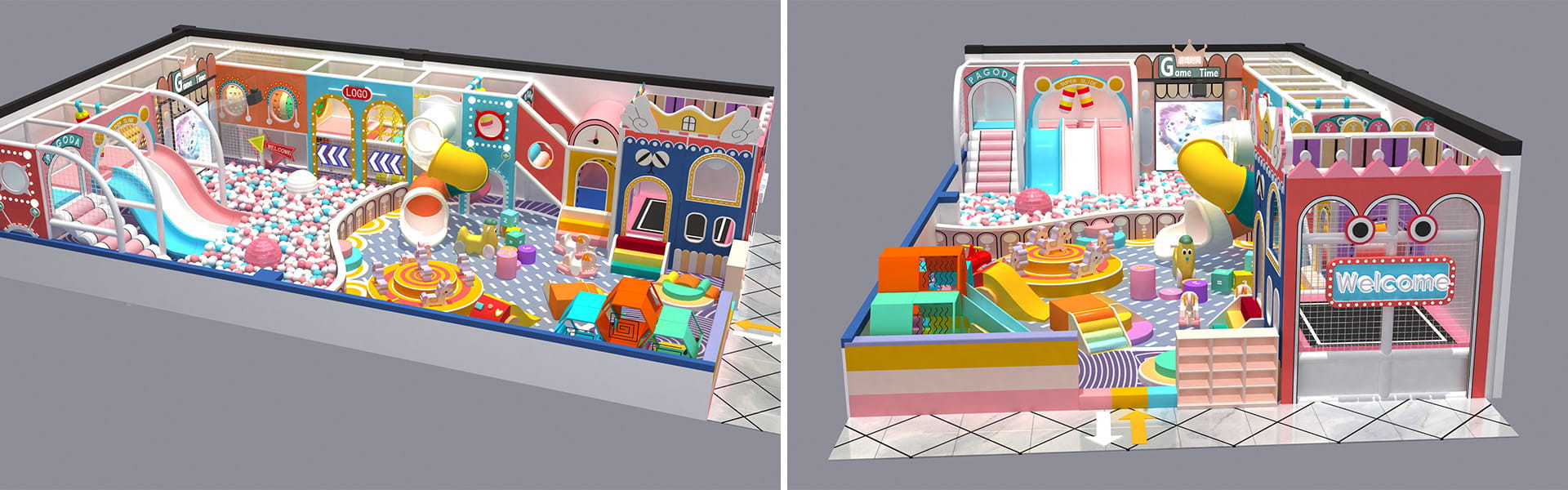 Full 3D layout overview of 100 sqm customized compact indoor playground project for Tanzania client, small commercial macaron theme soft play park design