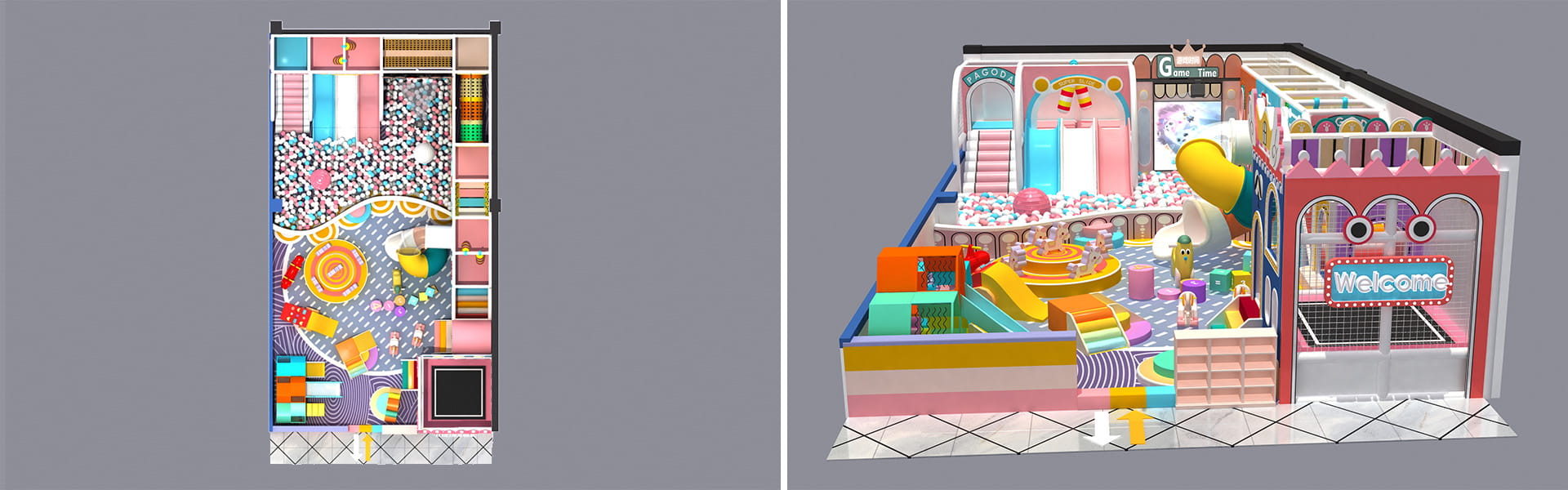 Overall Layout Plan & Entrance Appearance 3D Rendering Of 100sqm Custom Small Indoor Playground In Tanzania