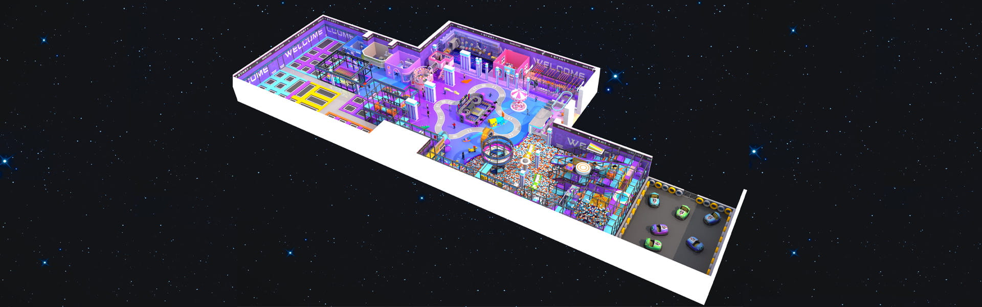 Full 3D layout overview of 1500 sqm customized commercial indoor playground project for Uzbekistan client, complete soft play park overall plan