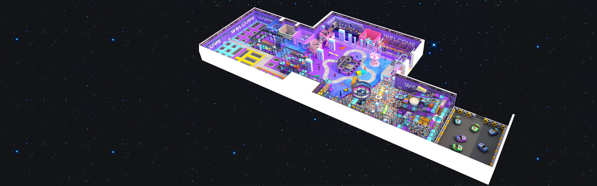 Uzbekistan 1500 sqm shopping mall indoor playground 3D render with multi-themed kids play areas, bumper cars, and ball pit