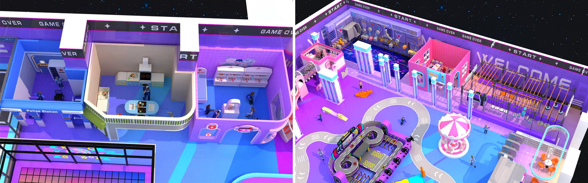 Large indoor playground aerial obstacle course, go-kart track and carousel amusement area, customized kids soft play equipment for Uzbekistan