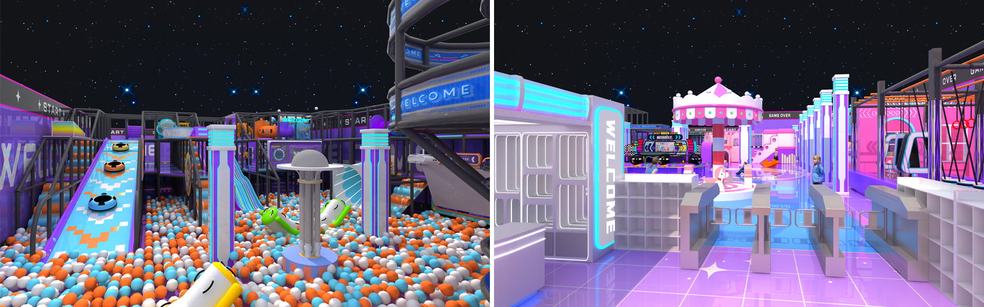 Giant ocean ball pit and multi-lane speed slides, entrance hall of customized space themed indoor playground for Uzbekistan commercial park
