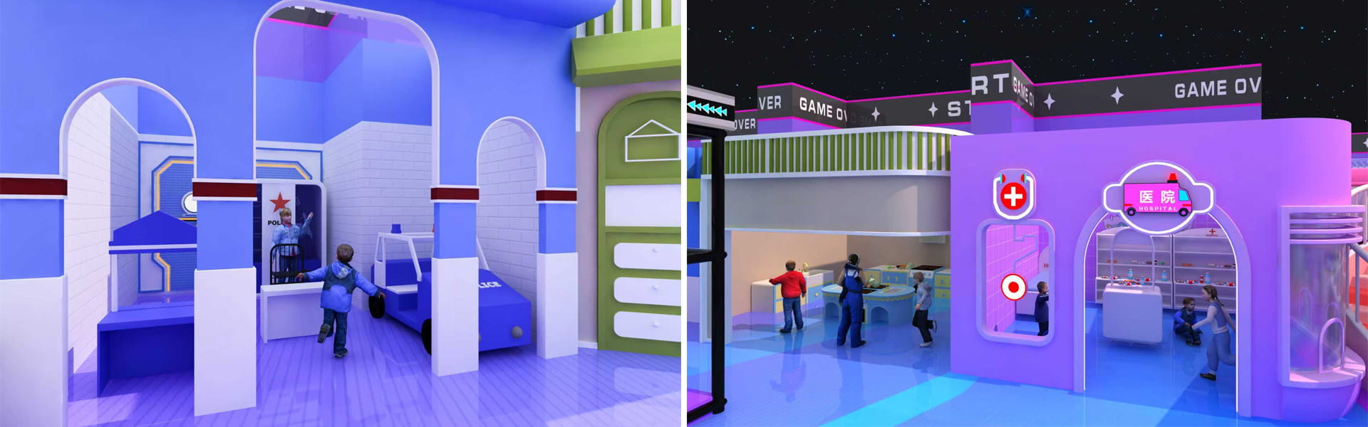 Custom indoor playground role play town area for Uzbekistan project, including police station, hospital pretend play soft play zones for kids