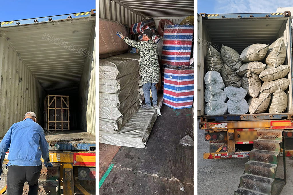 Loading and packing process of 100㎡ indoor playground equipment into shipping container for Tanzania client, showing wooden crates and wrapped play parts being prepared for delivery