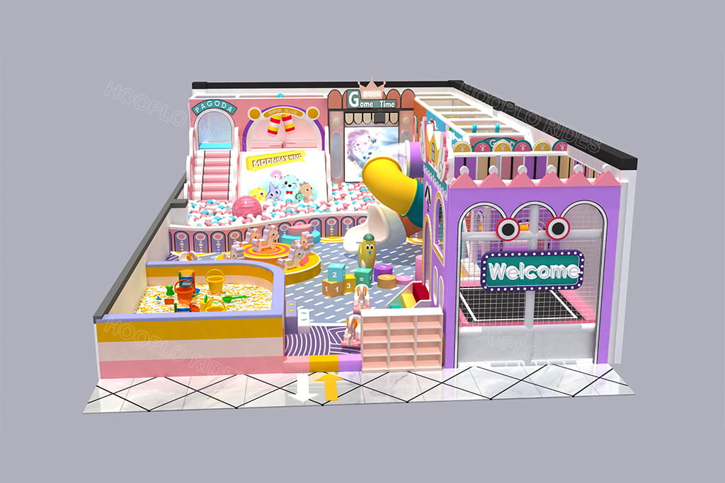 100㎡ Tanzania custom indoor playground initial layout front view, showing entrance, ball pit and sand pool