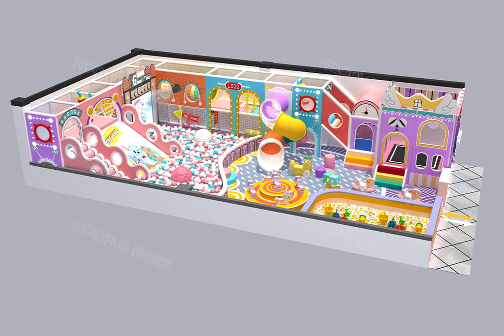 Custom 100 sqm kids soft play area early design rear view for Tanzania client, multi-functional slides and interactive game zones