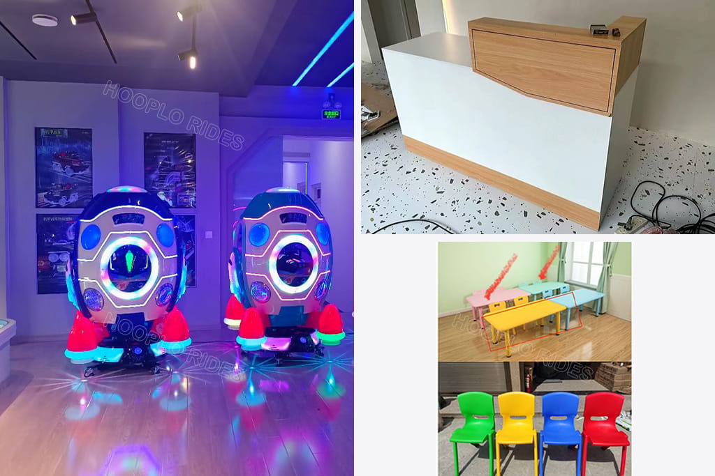 Additional add-on equipment for Tanzania client's 100㎡ indoor playground, including kids' rocking ride, reception counter and colorful children's table-chair sets