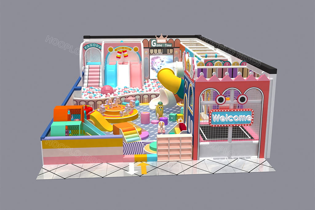 Final approved design of 100㎡ indoor playground for Tanzania client, entrance view showing adjusted play zones, ball pit and interactive area