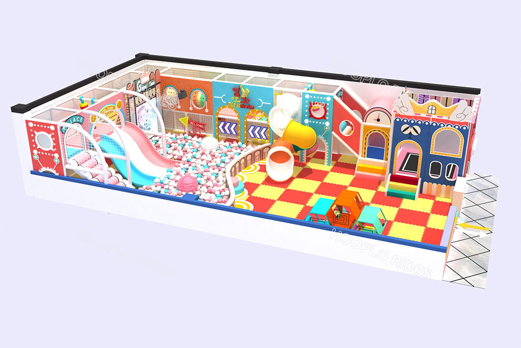 100㎡ Tanzania indoor playground final design with red-yellow checkerboard floor color option, approved scheme with ball pit and multi-functional play zones