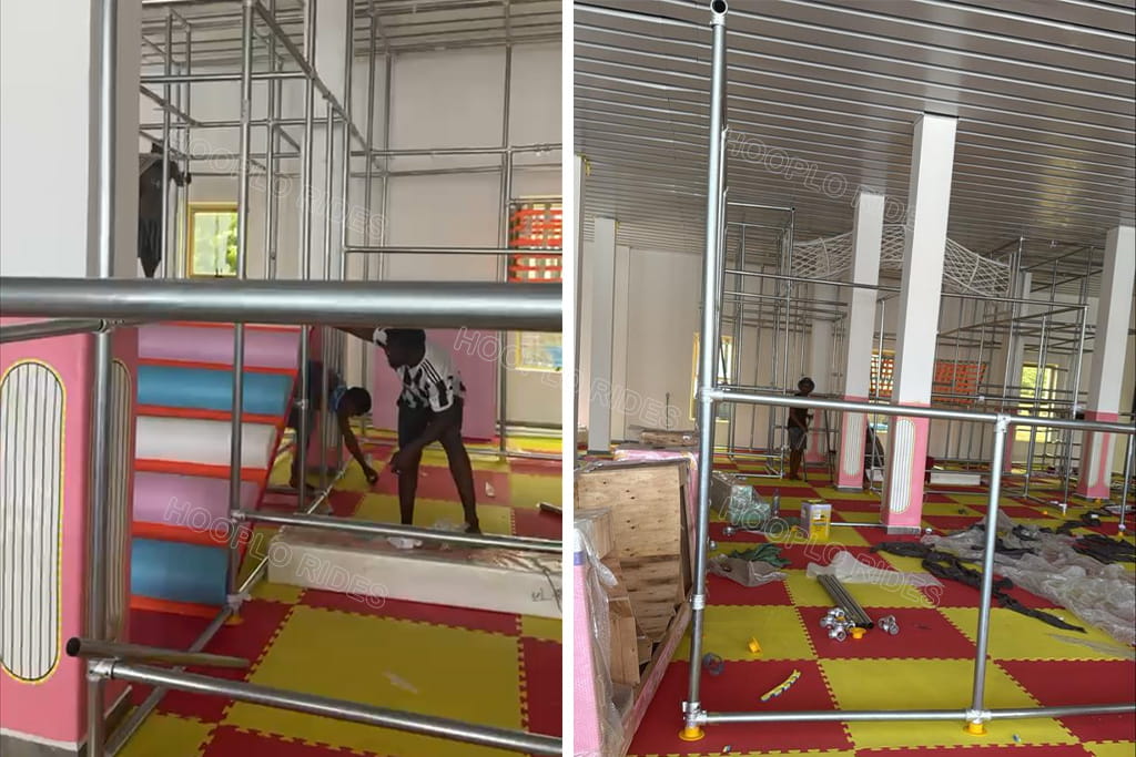 Custom indoor playground on-site installation service in Tanzania, professional assembly of 350sqm kids soft play equipment at customer's location