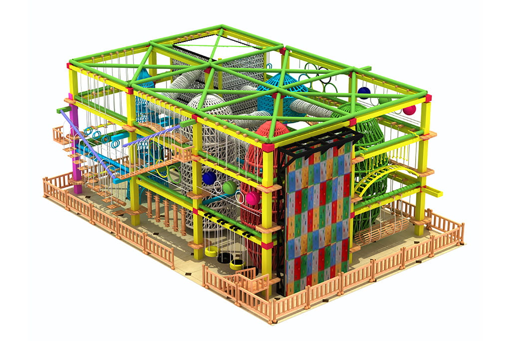 Adventure challenge indoor playground equipment 3D render, multi-level rope course obstacle course for kids, soft climbing net and bridge play structure for commercial use