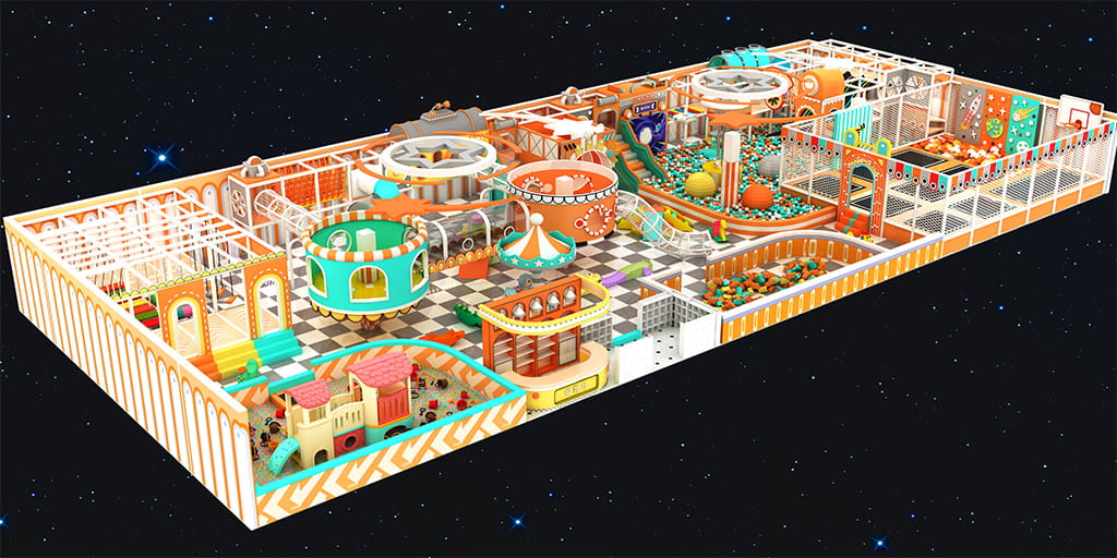 Carnival circus themed indoor playground 3D design, vintage orange and white kids play area with carousel, slides, and role-play zones