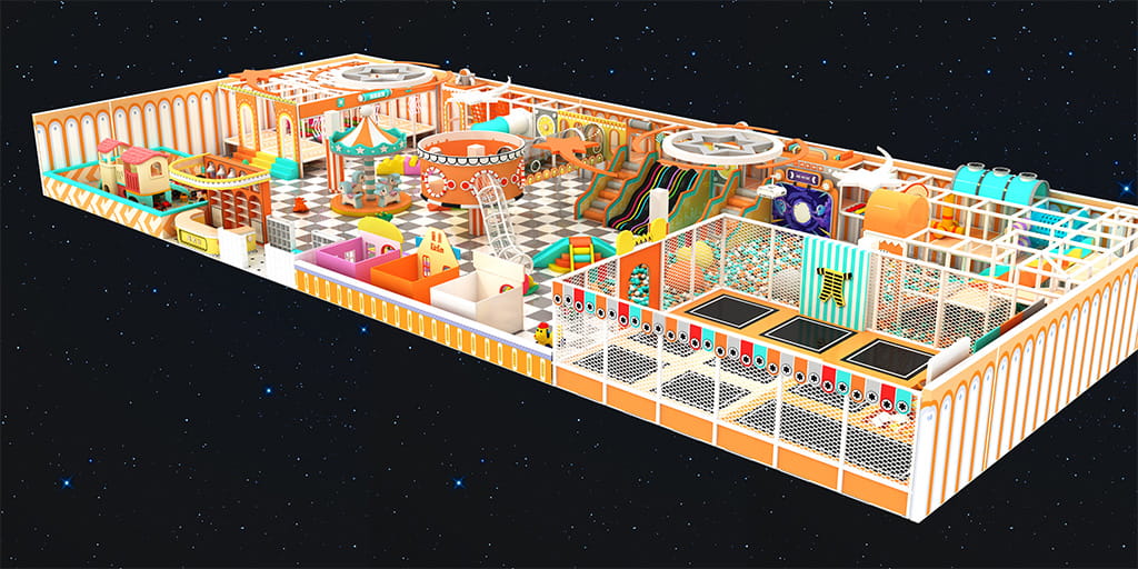 Vintage carnival style soft play playground render, commercial kids park with ball pit, trampoline, and themed play houses