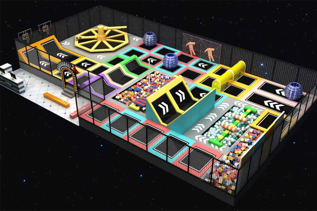 Commercial indoor trampoline park design 3D model, multi-function trampoline arena with dodgeball, basketball, foam pit, and interactive games for kids and adults