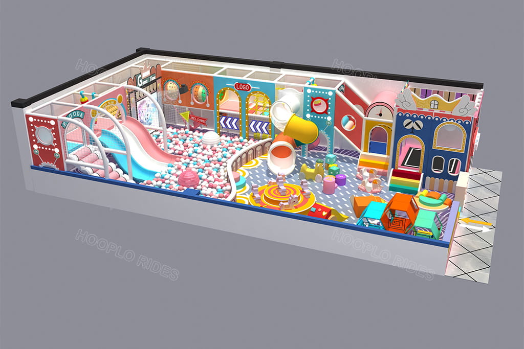 Revised 100 sqm kids soft play area design approved by Tanzania client, full overview with optimized slides and multi-functional play zones