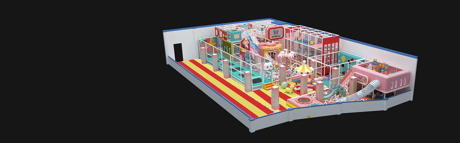 Custom 350 sqm indoor soft play area 3D design render for Tanzania residential project, pastel theme kids amusement park by Henan Hooplo