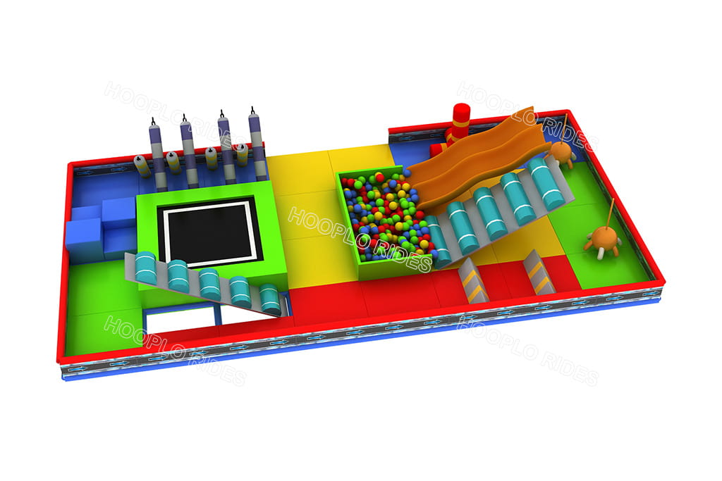 Level 1 design of the custom Tskaltubo playground: colorful ball pit, slide, interactive play panels, and soft play obstacles for kids