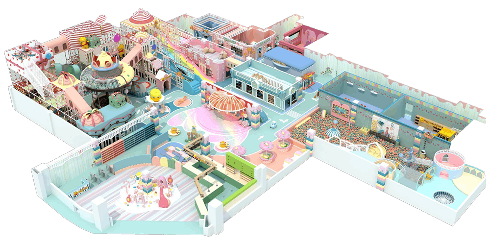 Mobile view of custom macaron color indoor playground 3D design - compact soft play area with ball pit, slides, and role play for kids