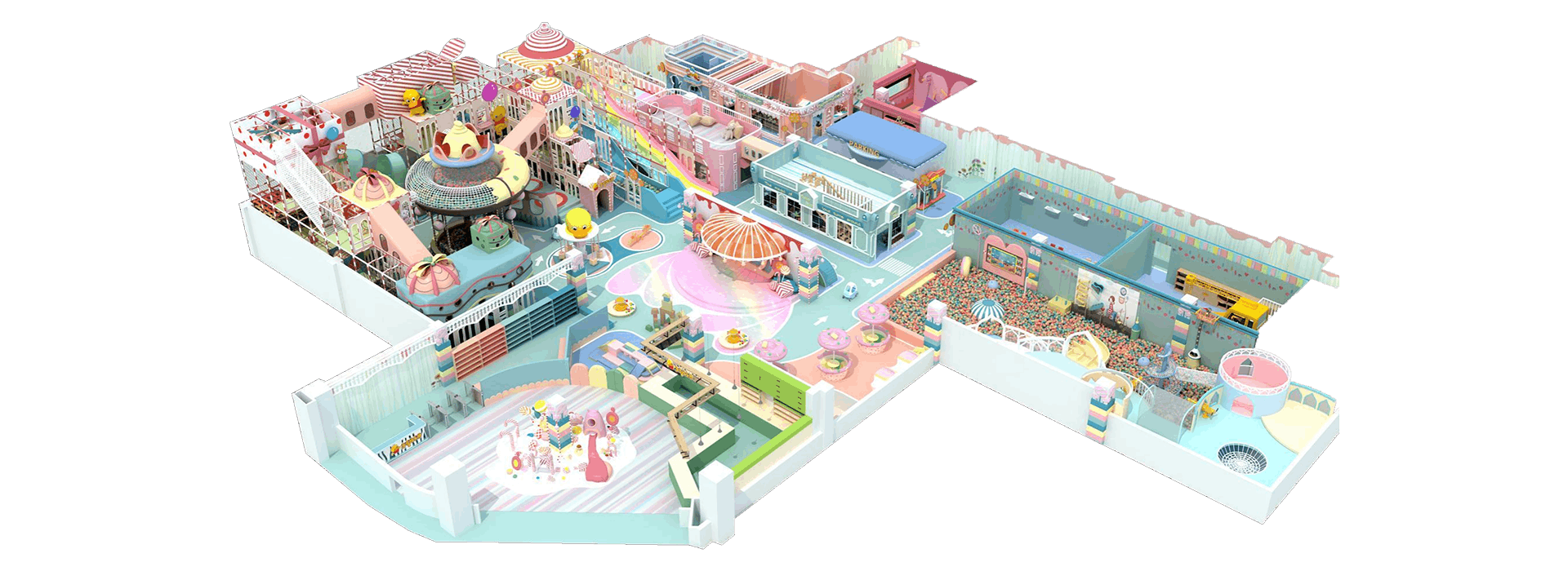 3D Design Render of Pastel Themed Indoor Playground for Toddlers - Commercial Soft Play Equipment with Ball Pool, Climbing Structure, and Pretend Play Area