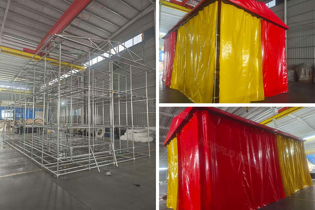 Factory test installation of the customized 80㎡ playground for Tskaltubo, showing the metal frame and colorful rain canopy being assembled at Hooplo Rides