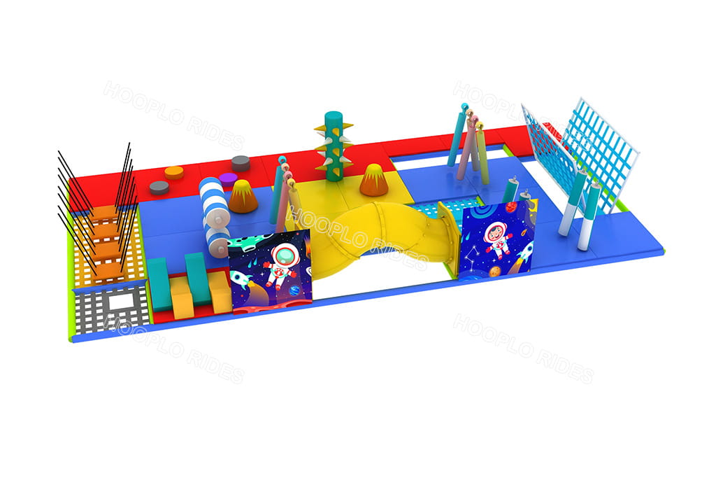 Level 3 design of the Tskaltubo playground: space-themed play area with astronaut decor, crawling tunnels, and interactive climbing features