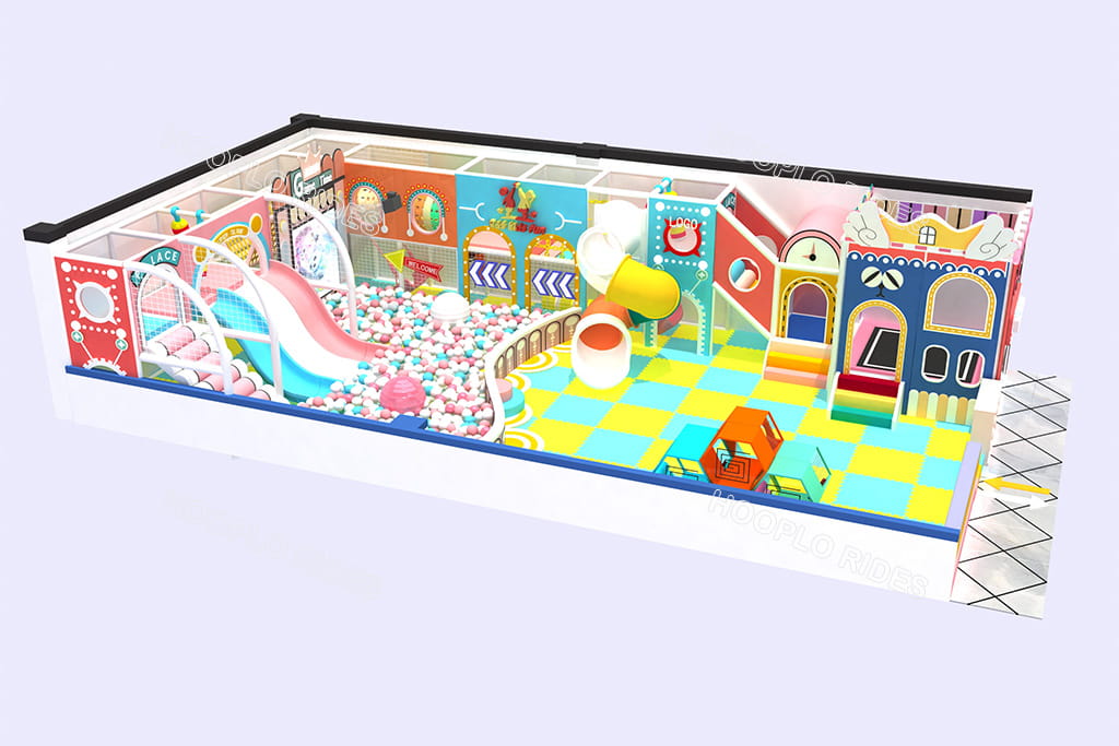 Custom kids soft play area design for Tanzania client, blue-yellow floor color scheme option showing the same play structure with different flooring colors