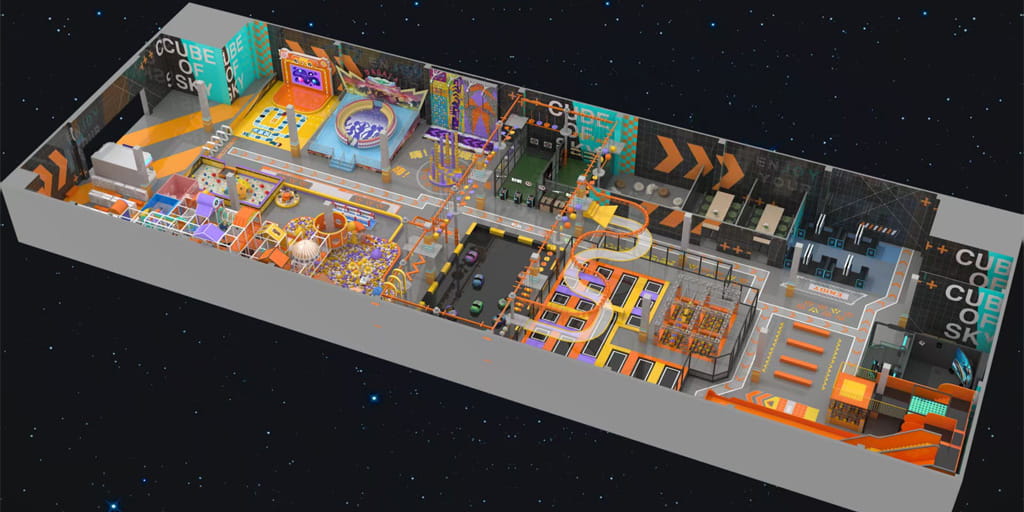 Cyber orange themed indoor playground design 3D render, multi-zone commercial kids play center with trampoline, obstacle course, and ball pit