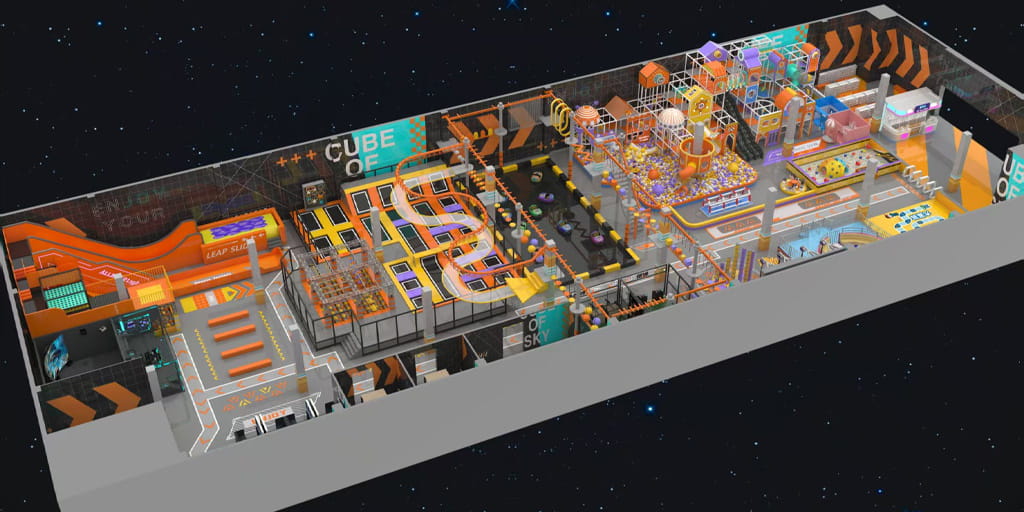 Orange cyberpunk style indoor playground 3D model, commercial family entertainment center with slides, bumper cars, and interactive games