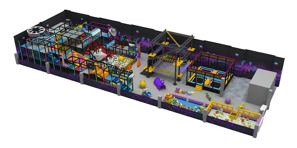 Cyberpunk neon style indoor trampoline park design, dark purple and black commercial play center with obstacle course, slides, and ball pit