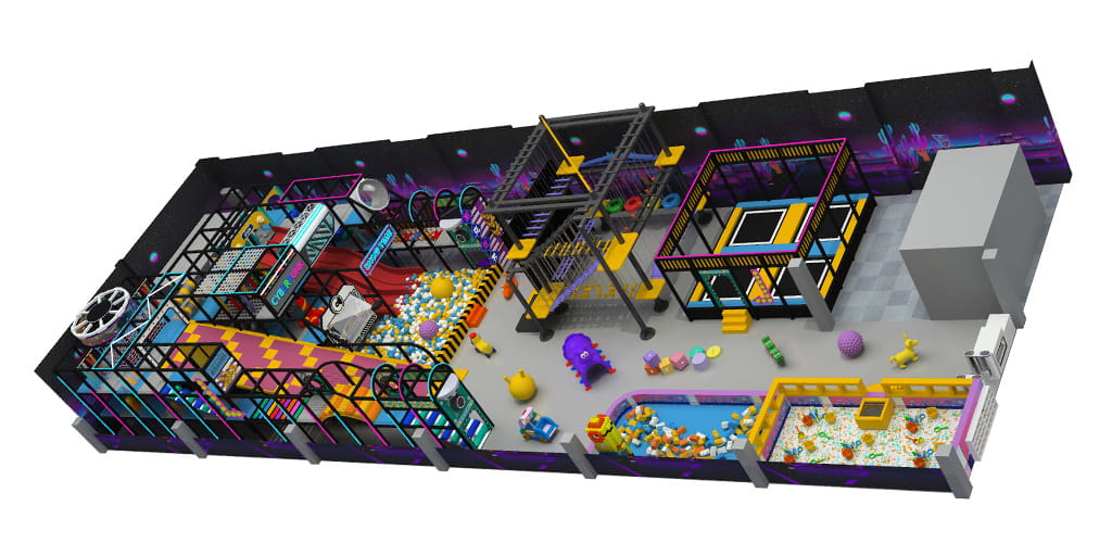 Neon cyberpunk themed indoor playground 3D render, multi-zone kids and adult play park with trampoline, climbing frames, and soft play