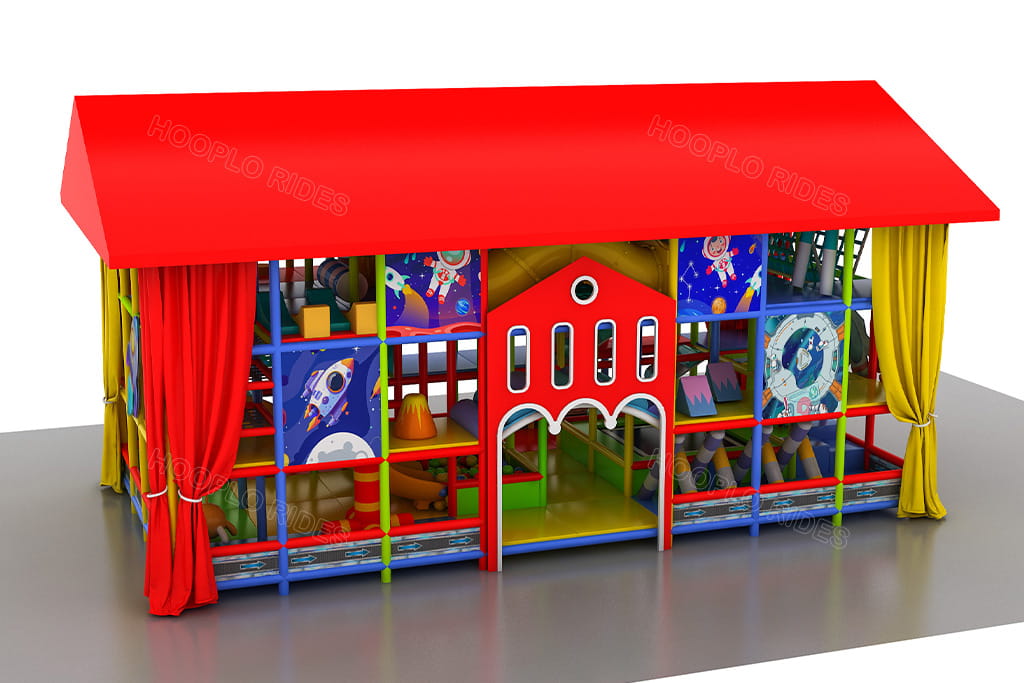 Front view of the customer-approved Tskaltubo playground design: red-roofed 3-level indoor-outdoor play structure with jungle-themed entrance, safety curtains, and bright colors