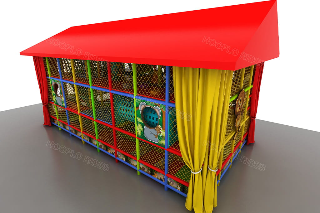 Rear view of the final confirmed design for the Tskaltubo playground: red-roofed 3-level indoor-outdoor play structure with jungle-themed safety netting and colorful play elements
