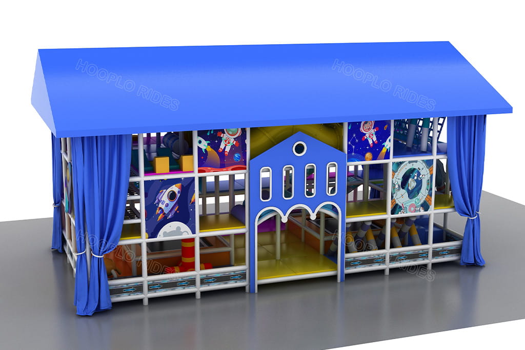 First draft design of the Tskaltubo playground: blue-roofed space-themed indoor-outdoor play structure with astronaut decorations, the initial concept before customer adjustments